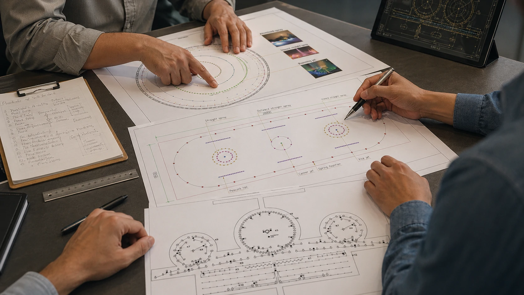 Engineers discussing dancing fountain layout and hydraulic design for a large-scale fountain project