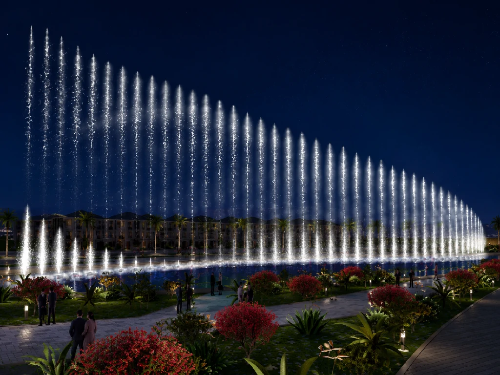 Concept visual of air explosion fountain effects in a large dancing fountain show