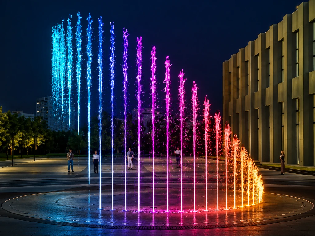 Concept visual of chasing fountain effects in a dancing fountain system