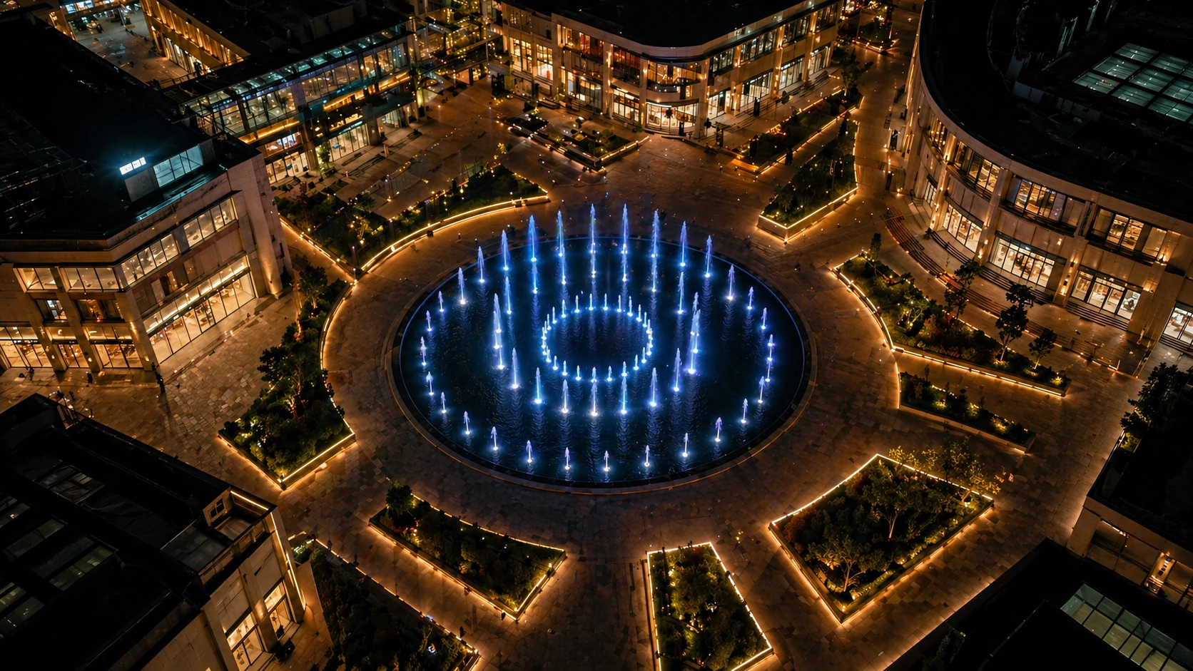 Outdoor commercial dancing fountain at a shopping mall with programmed water and lighting effects