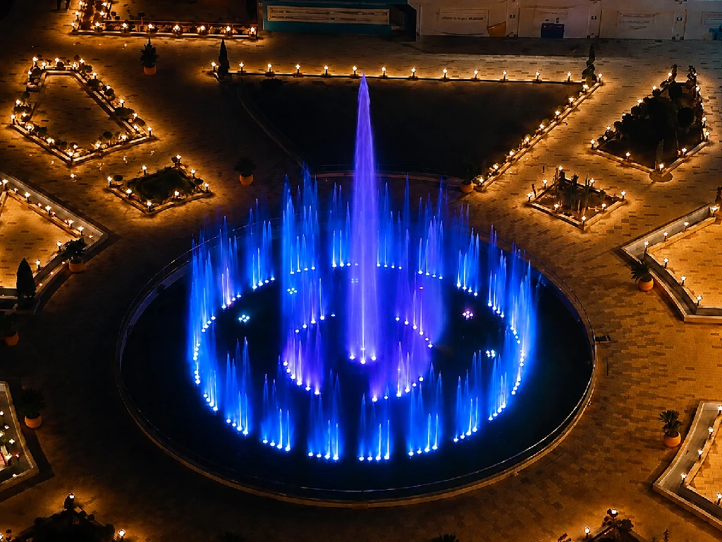Completed musical fountain project with synchronized water and lighting effects