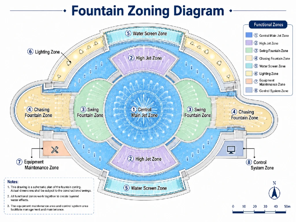 Diagram showing core effect zones in a dancing fountain system, including central jets, running effects, swing jets, variable jets, and highlight effects