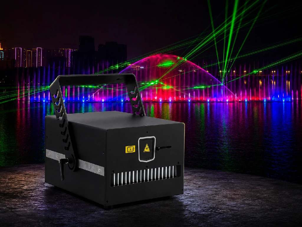 Laser show integration system with laser effect reference for an extended dancing fountain presentation