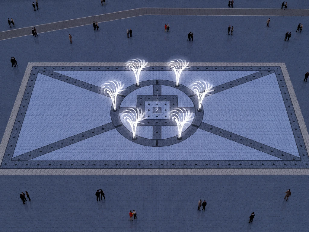 Concept visual of rotating fountain effects in a dancing fountain layout
