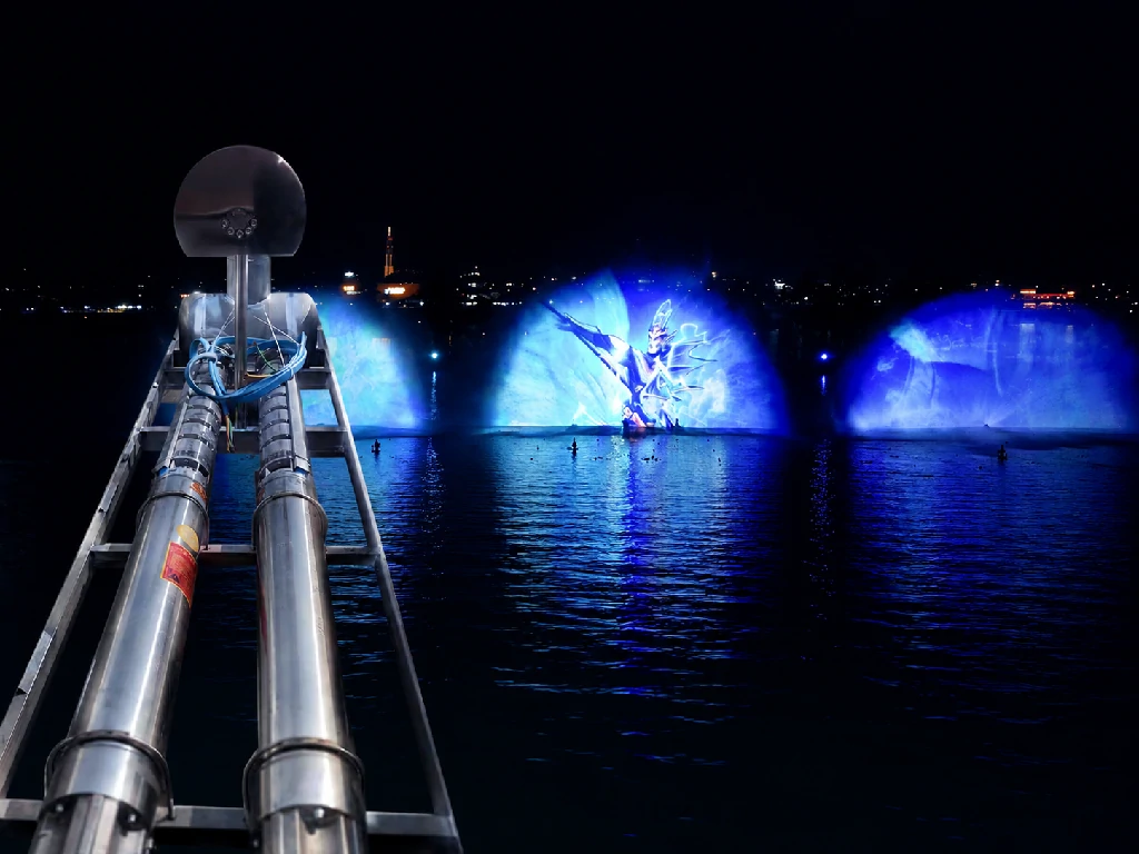 Water screen projection system with multimedia fountain show reference for extended water show presentation