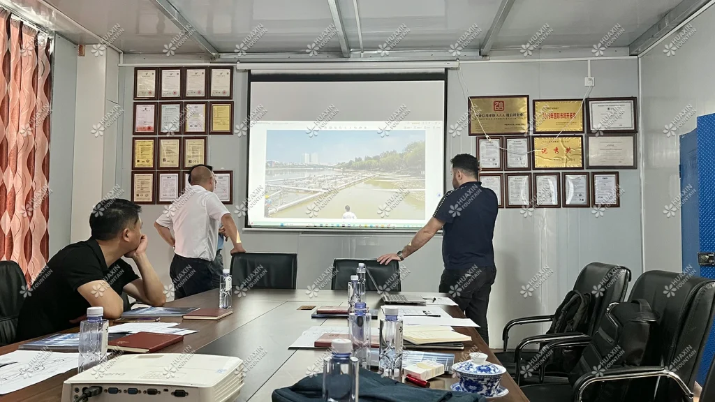 An Iraqi Customer Visited Huaxin Fountain Factory - Discussing The Details Of Fountain Project With The Client