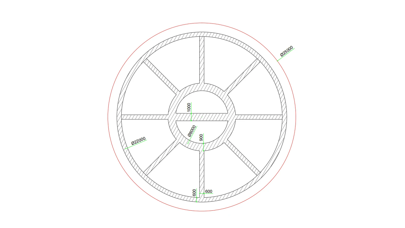CAD layout showing the approximate dimensions and shape of the fountain area