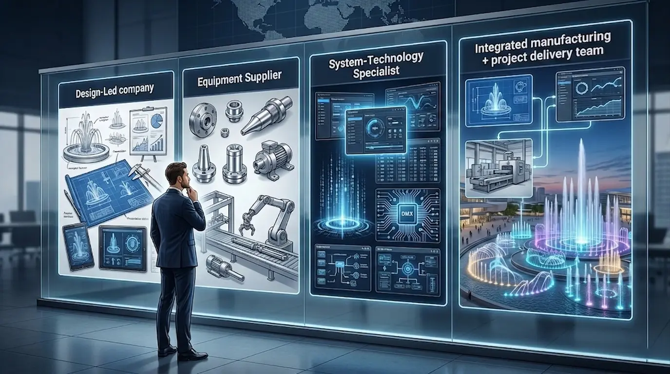 Illustration comparing four fountain business models, with Huaxin Fountain shown as an integrated manufacturing and project delivery team for large musical fountain projects.