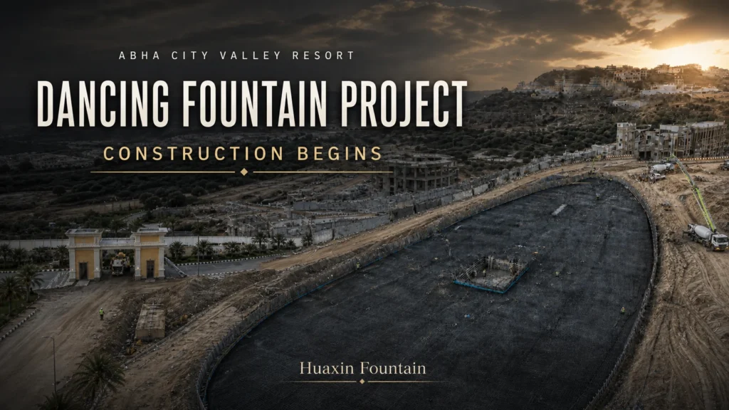 Aerial view of the Abha City Valley Resort dancing fountain project site with construction begins title overlay