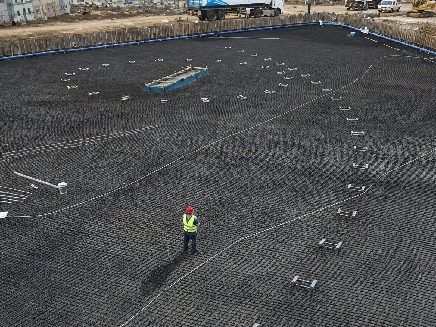 Worker checking installation preparation inside the spindle-shaped dancing fountain pool at Valley Resort in Abha