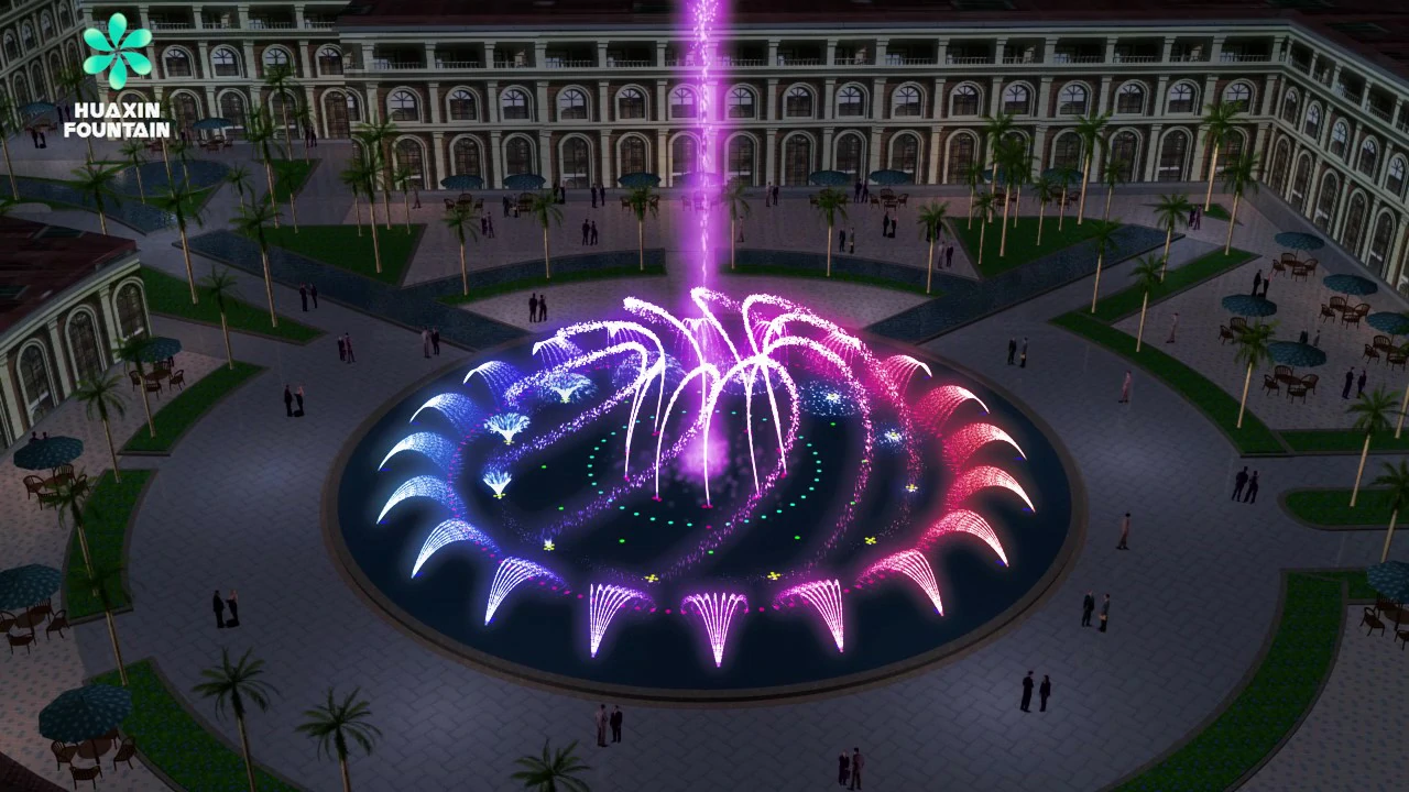 Circular fountain design overview for a shopping mall pool with central jet and lighting effects