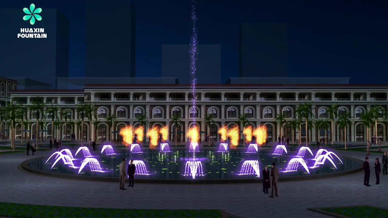 Fire fountain effect for a shopping mall pool water show design