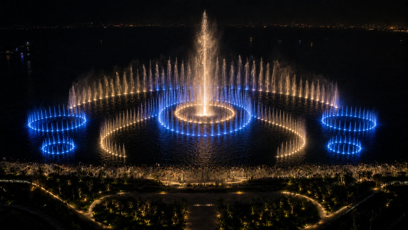 Fountain layout design showing a large circular fountain with multiple water effects and lighting.