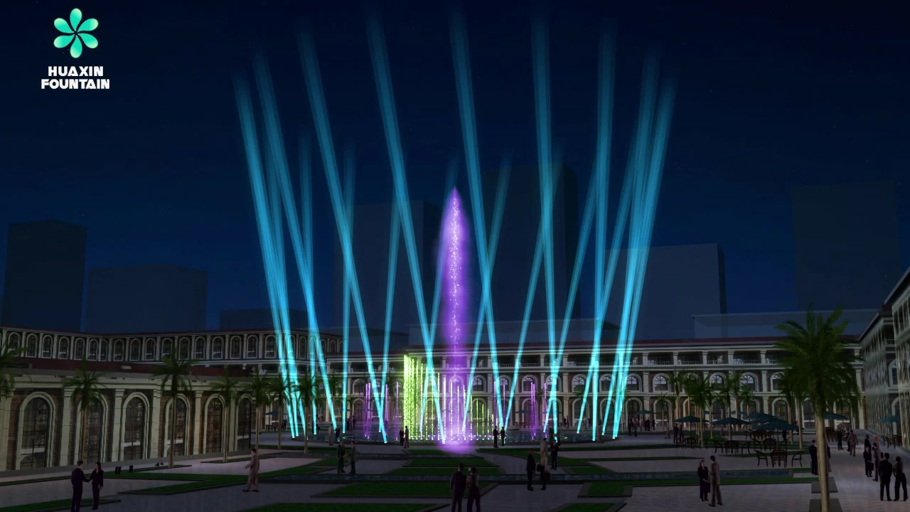 Moving head lights for a shopping mall pool fountain show with water jets and night lighting effects