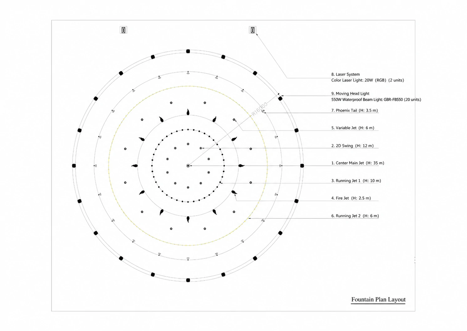 Circular fountain layout design for a shopping mall pool with central jet, 2D swing jets, chasing fountains, fire effects, lasers, and RGB underwater lights