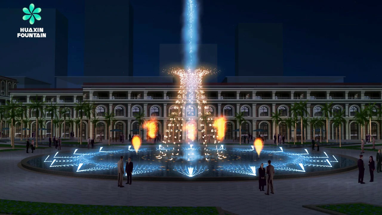 Night show design for a shopping mall pool fountain with water, light, fire, and laser effects