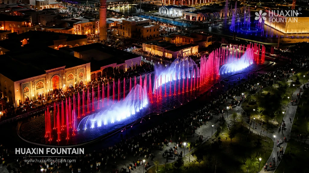 Margilan City Musical Fountain Project final night view at Burhoniddin Marg‘inoniy Complex, Uzbekistan