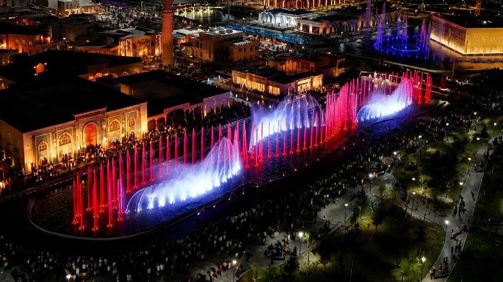 Margilan City Musical Fountain Project final night view at Burhoniddin Marg‘inoniy Complex, Uzbekistan