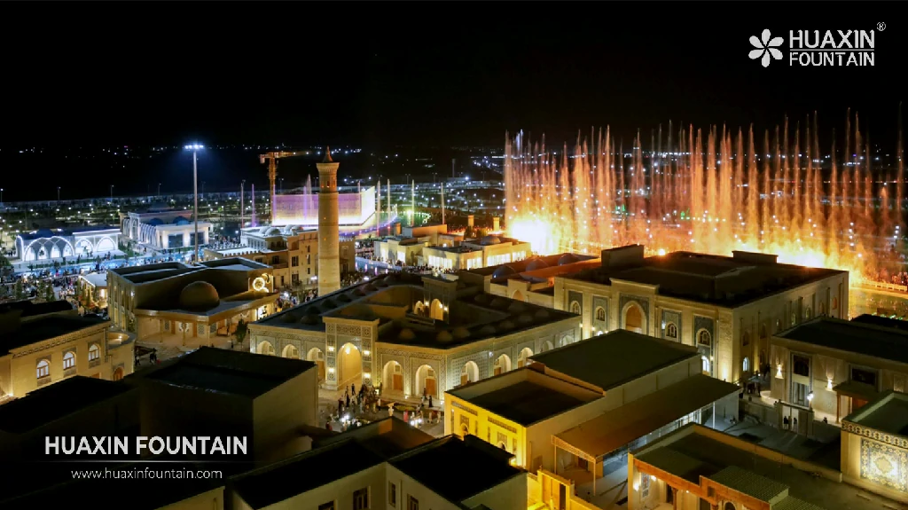 Night view of Burhoniddin Marg‘inoniy Complex with the musical fountain show in Margilan City, Uzbekistan