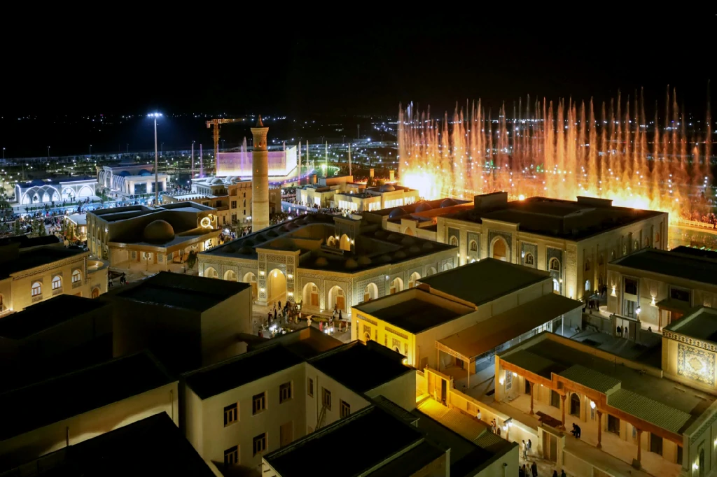 Night view of Burhoniddin Marg‘inoniy Complex with the musical fountain show in Margilan City, Uzbekistan