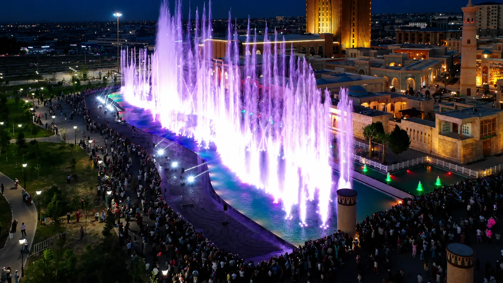 Air explosion fountain effect at Burhoniddin Marg‘inoniy Complex