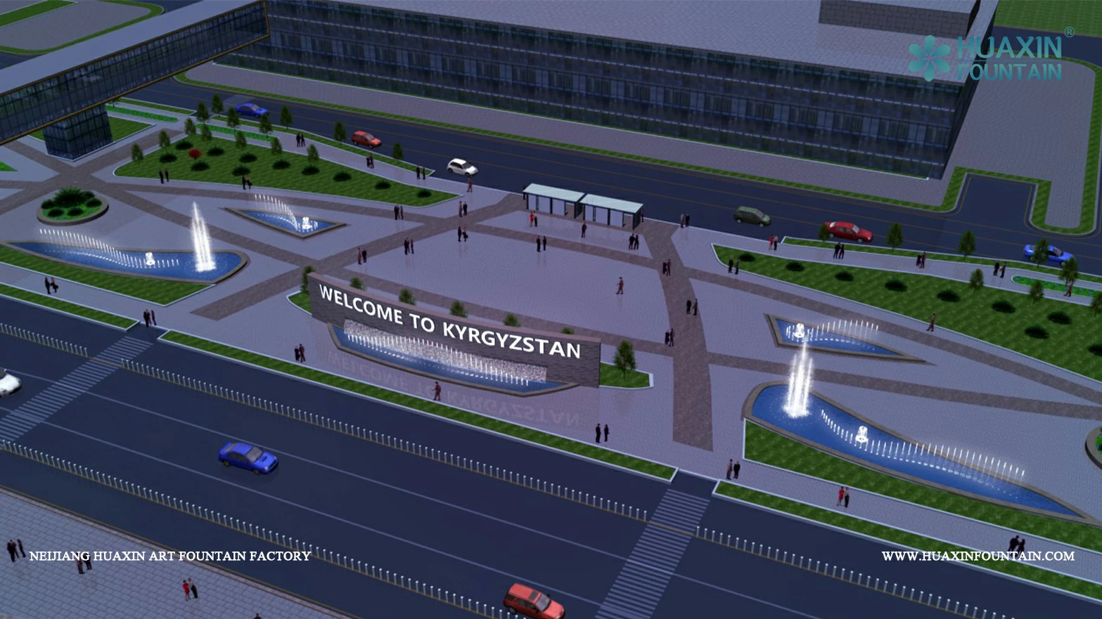 Overall rendering of the fountain layout and illuminated welcome sign outside the Manas International Airport terminal