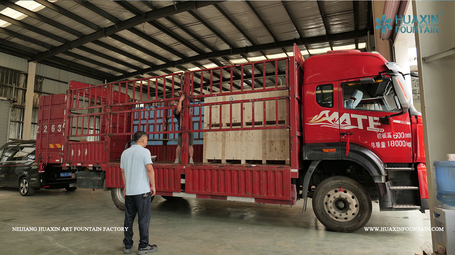 Packed fountain equipment prepared for the Manas Airport VIP Lounge Entrance project