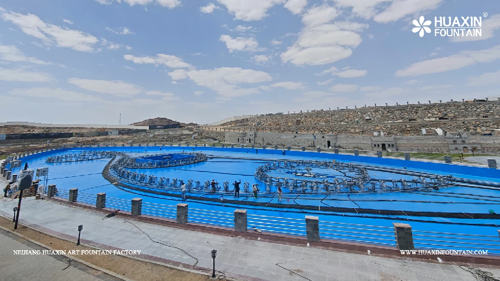 On-site installation of fountain pipelines at Valley Resort in Saudi Arabia