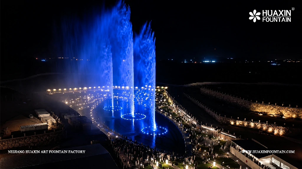 Aerial view of the completed Valley Resort dancing fountain and resort grounds