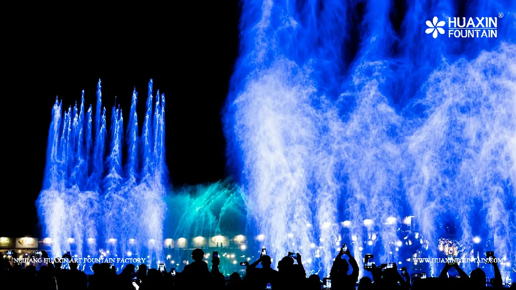 Colourful synchronized water and lighting show at Valley Resort in Saudi Arabia