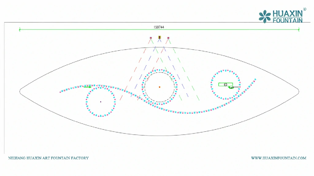 Technical layout drawing of the Wadi Bin Hashbal Dancing Fountain, showing the fountain arrangement within the 160-metre pool.