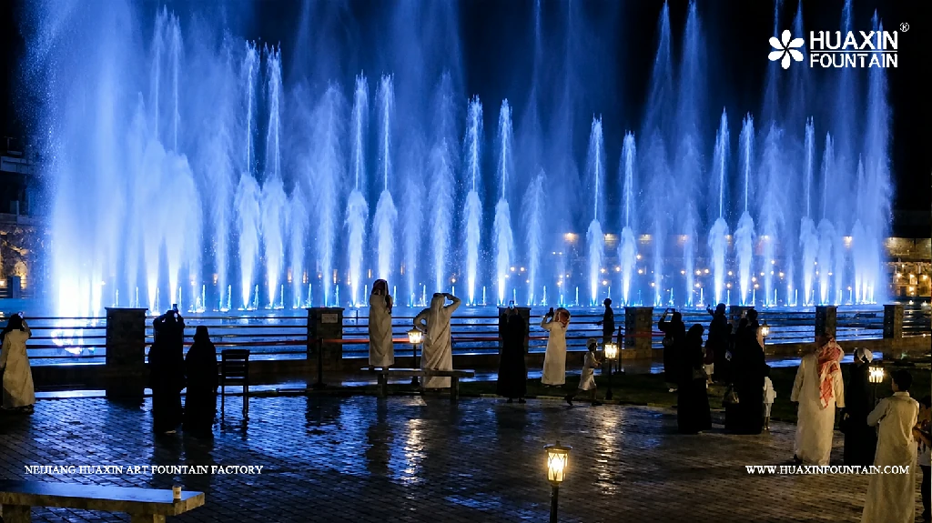 Dancing fountain water effects under testing at the Wadi Bin Hashbal Valley Resort project in Aseer, Saudi Arabia.