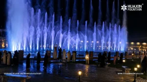 Water effects of the Wadi Bin Hashbal Dancing Fountain during the final testing and commissioning stage.