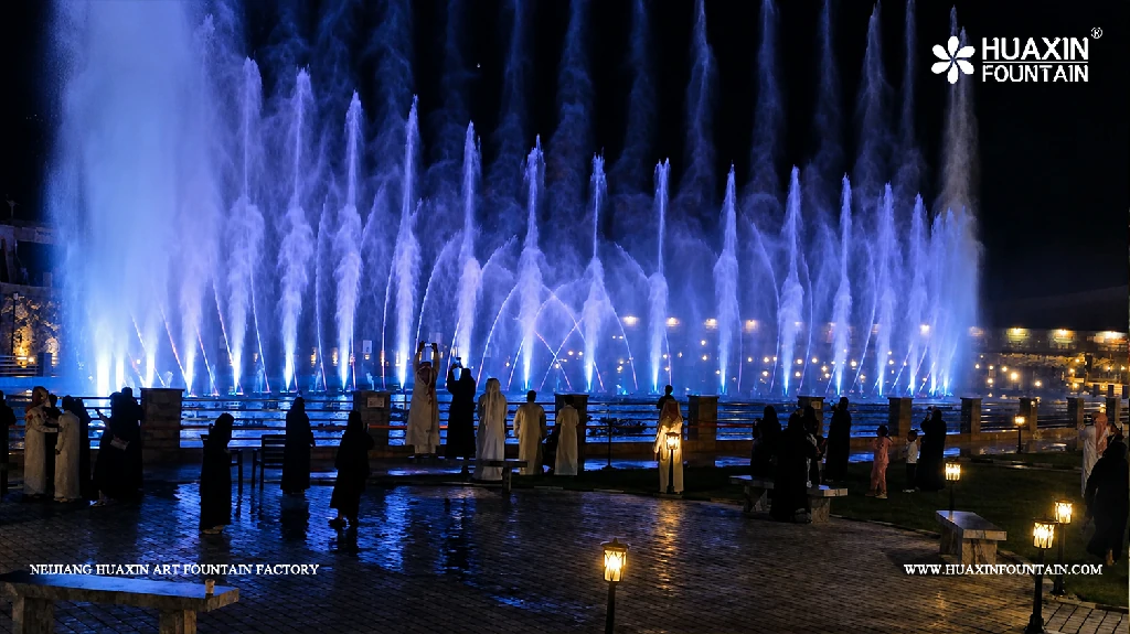 Water effects of the Wadi Bin Hashbal Dancing Fountain during testing and commissioning at Valley Resort