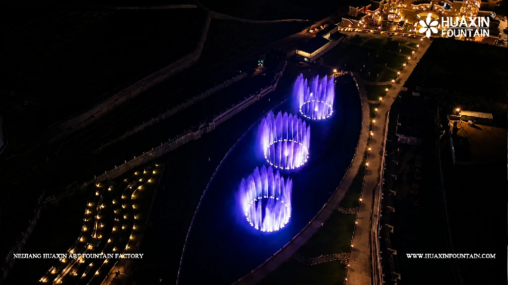 Aerial overview of the Wadi Bin Hashbal Dancing Fountain layout and water effects during on-site testing at Valley Resort in Aseer, Saudi Arabia