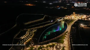 Aerial view of the Wadi Bin Hashbal Dancing Fountain during on-site testing at Valley Resort in Aseer, Saudi Arabia.