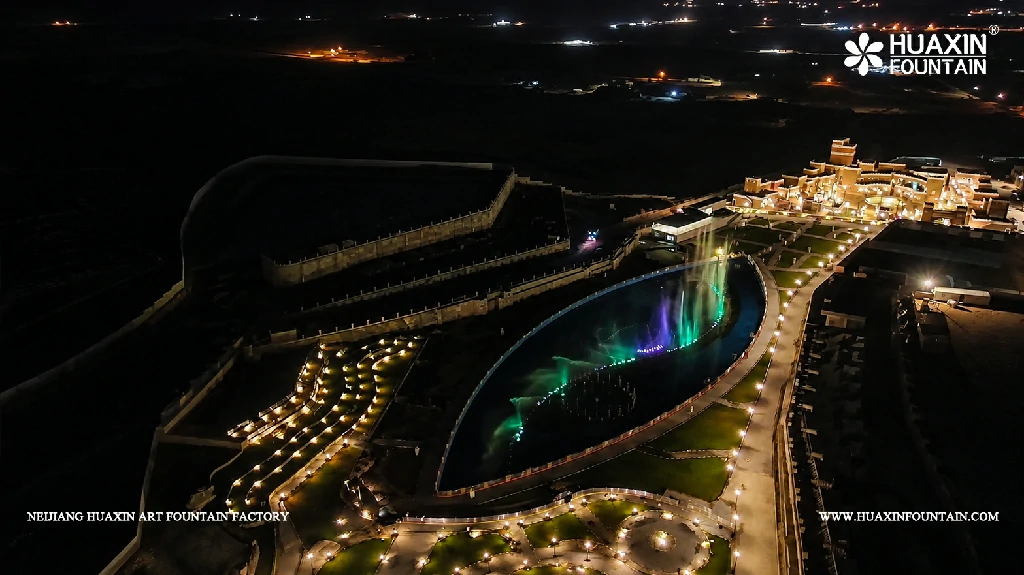 Aerial view of the Wadi Bin Hashbal Dancing Fountain during on-site testing at Valley Resort in Aseer, Saudi Arabia.