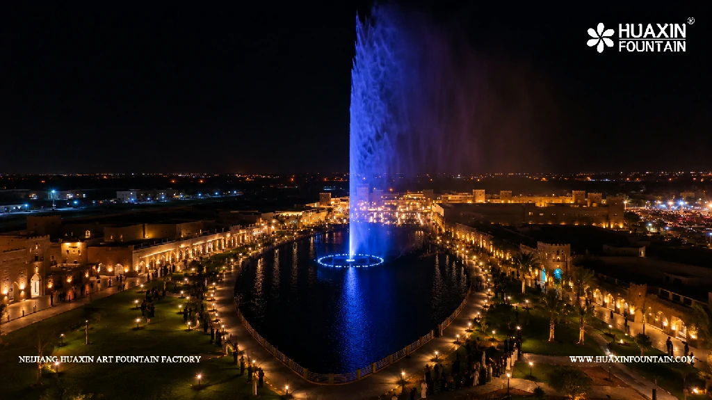 Approximately 100-metre central high jet being tested at the Wadi Bin Hashbal Dancing Fountain in Saudi Arabia.