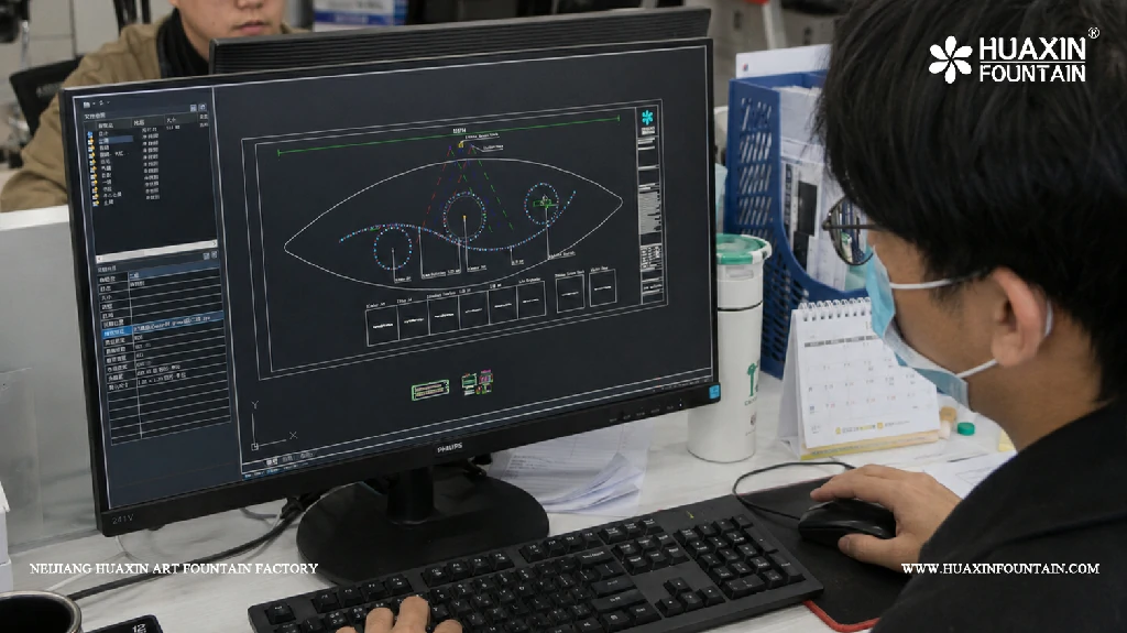 Designer preparing the fountain layout drawing for the Valley Resort project in Wadi Bin Hashbal, Saudi Arabia