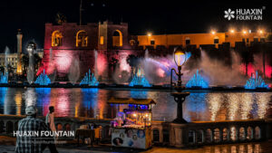 Night view of the Al-Saraya Al-Hamra Lake fountain in Tripoli, Libya