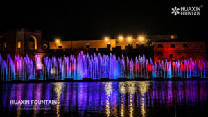 Nighttime water display at the Al-Saraya Al-Hamra Lake fountain in Libya