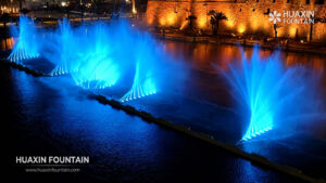 2D moving fountain effects at the Al-Saraya Al-Hamra Lake fountain in Tripoli