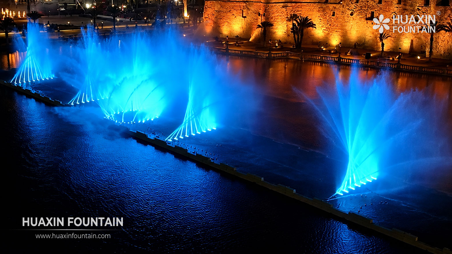 2D moving fountain effects at the Al-Saraya Al-Hamra Lake fountain in Tripoli
