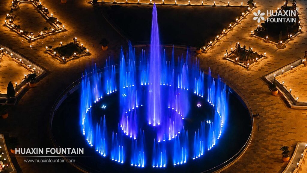 Night view of the Furat Mall dancing fountain in Najaf