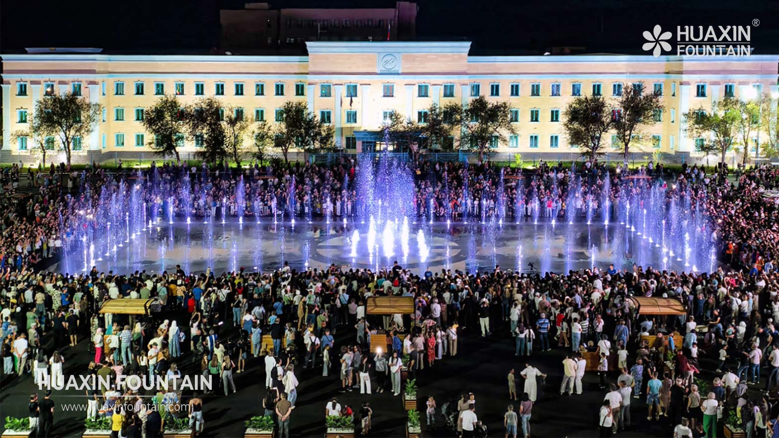 Dry deck fountain installed in a large public plaza and city square