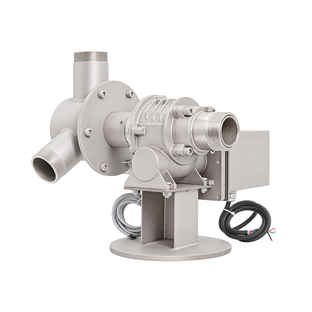 Drive-side view of a Huaxin triple-nozzle 1D fountain unit showing the drive housing and cable connections