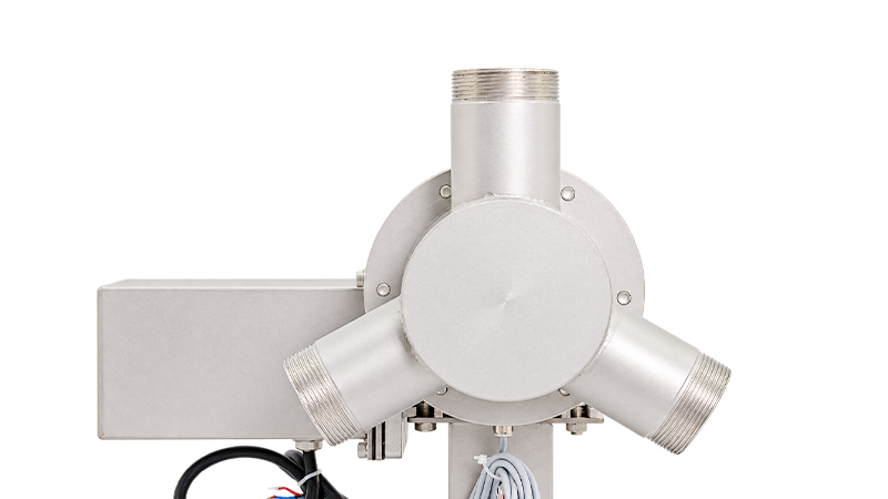 Three DN50 nozzle outlets spaced 120 degrees apart on a Huaxin triple-nozzle 1D fountain unit