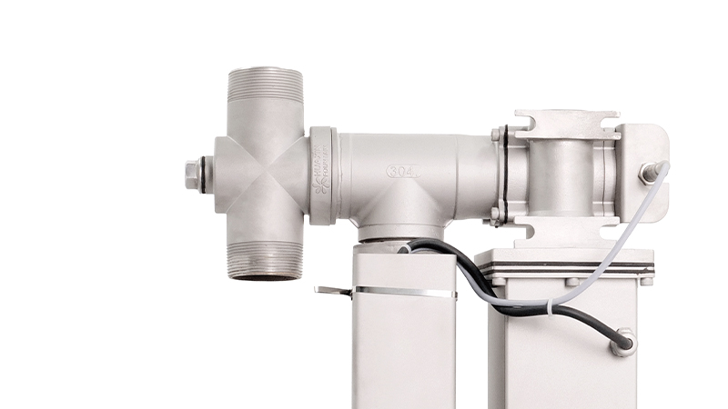 Close-up of the two nozzle outlets on a Huaxin dual-nozzle 2D fountain unit