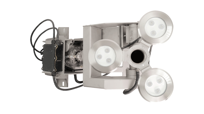 Three RGB LED lights mounted around the nozzle outlet on a Huaxin integrated 2D fountain unit