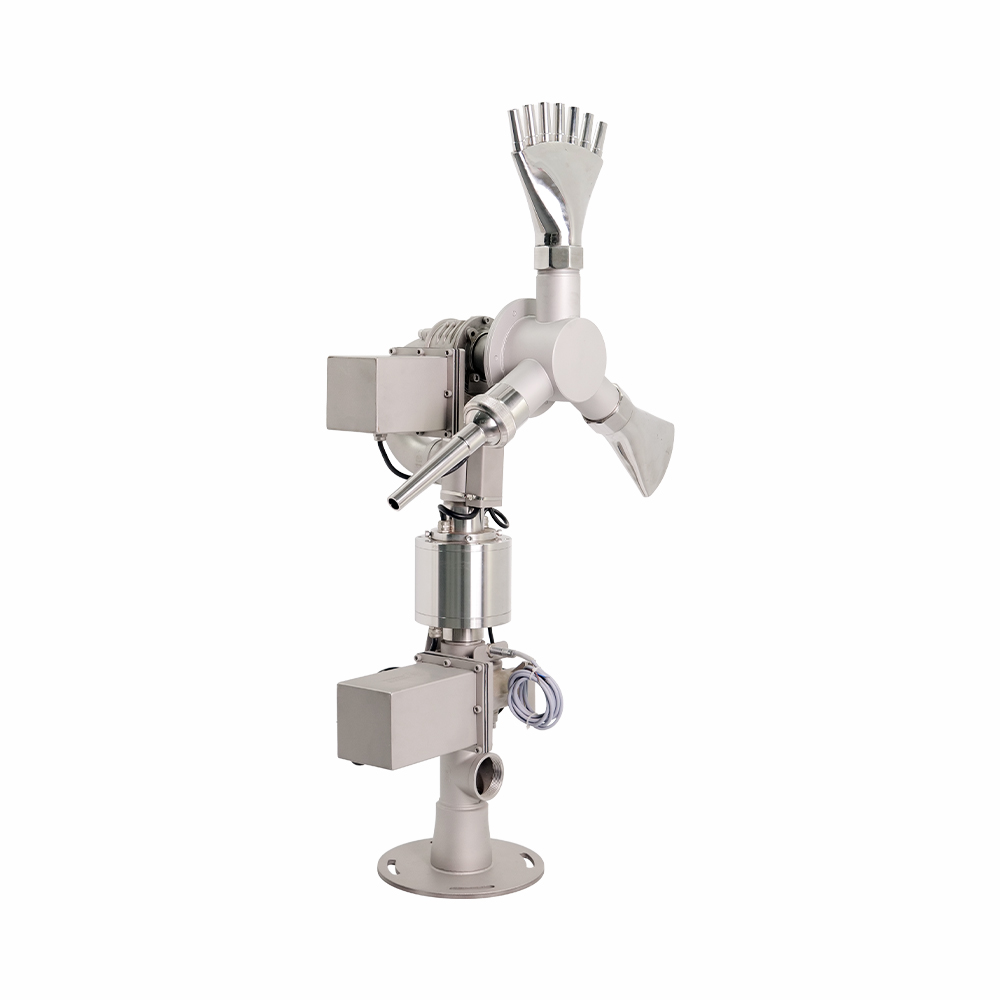 Angled view of a Huaxin triple-nozzle 2D fountain unit with straight jet, fan jet and finger jet nozzles